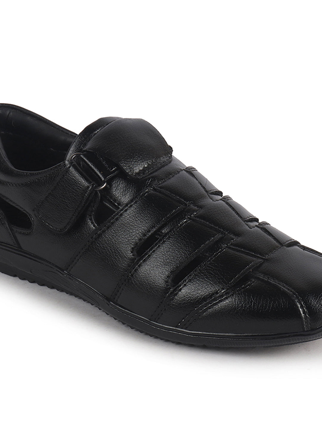 Men Black Peforated Hook and Loop Shoe Style Roman Sandals|Memory Cushioned Insole|All Day Walking Support, Anti Skid Sole|Office, Casual, Kurta, Festive