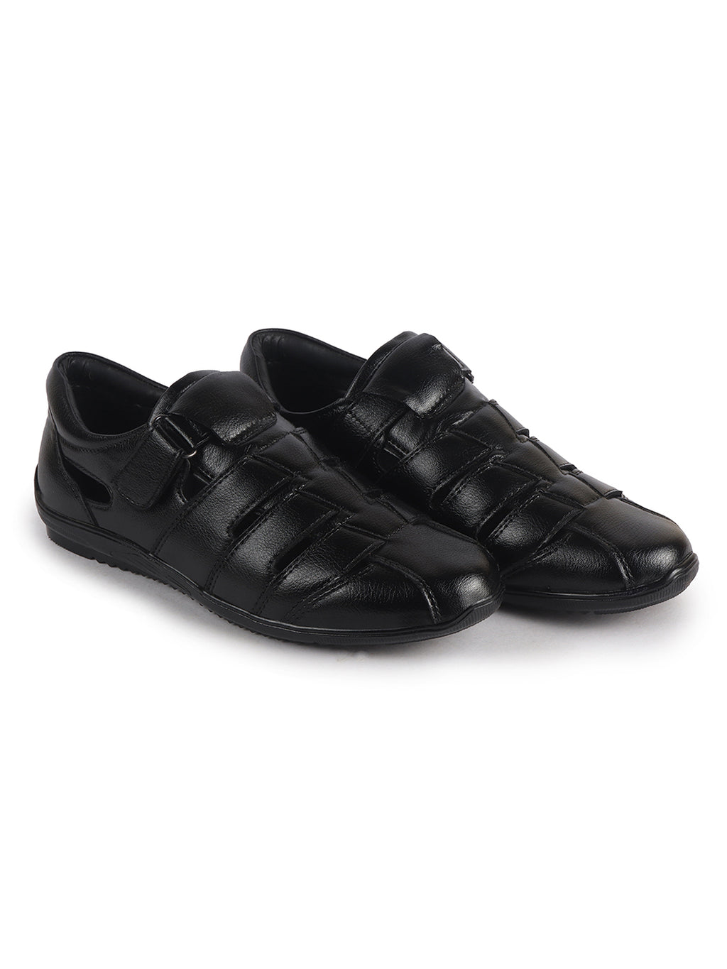 Men Black Peforated Hook and Loop Shoe Style Roman Sandals|Memory Cushioned Insole|All Day Walking Support, Anti Skid Sole|Office, Casual, Kurta, Festive