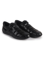 Men Black Peforated Hook and Loop Shoe Style Roman Sandals|Memory Cushioned Insole|All Day Walking Support, Anti Skid Sole|Office, Casual, Kurta, Festive