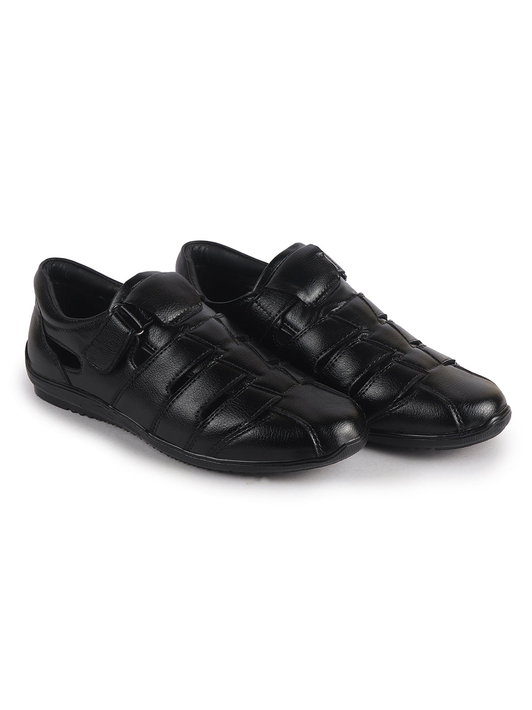 Men Black Peforated Hook and Loop Shoe Style Roman Sandals|Memory Cushioned Insole|All Day Walking Support, Anti Skid Sole|Office, Casual, Kurta, Festive