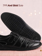 Men Black Peforated Hook and Loop Shoe Style Roman Sandals|Memory Cushioned Insole|All Day Walking Support, Anti Skid Sole|Office, Casual, Kurta, Festive