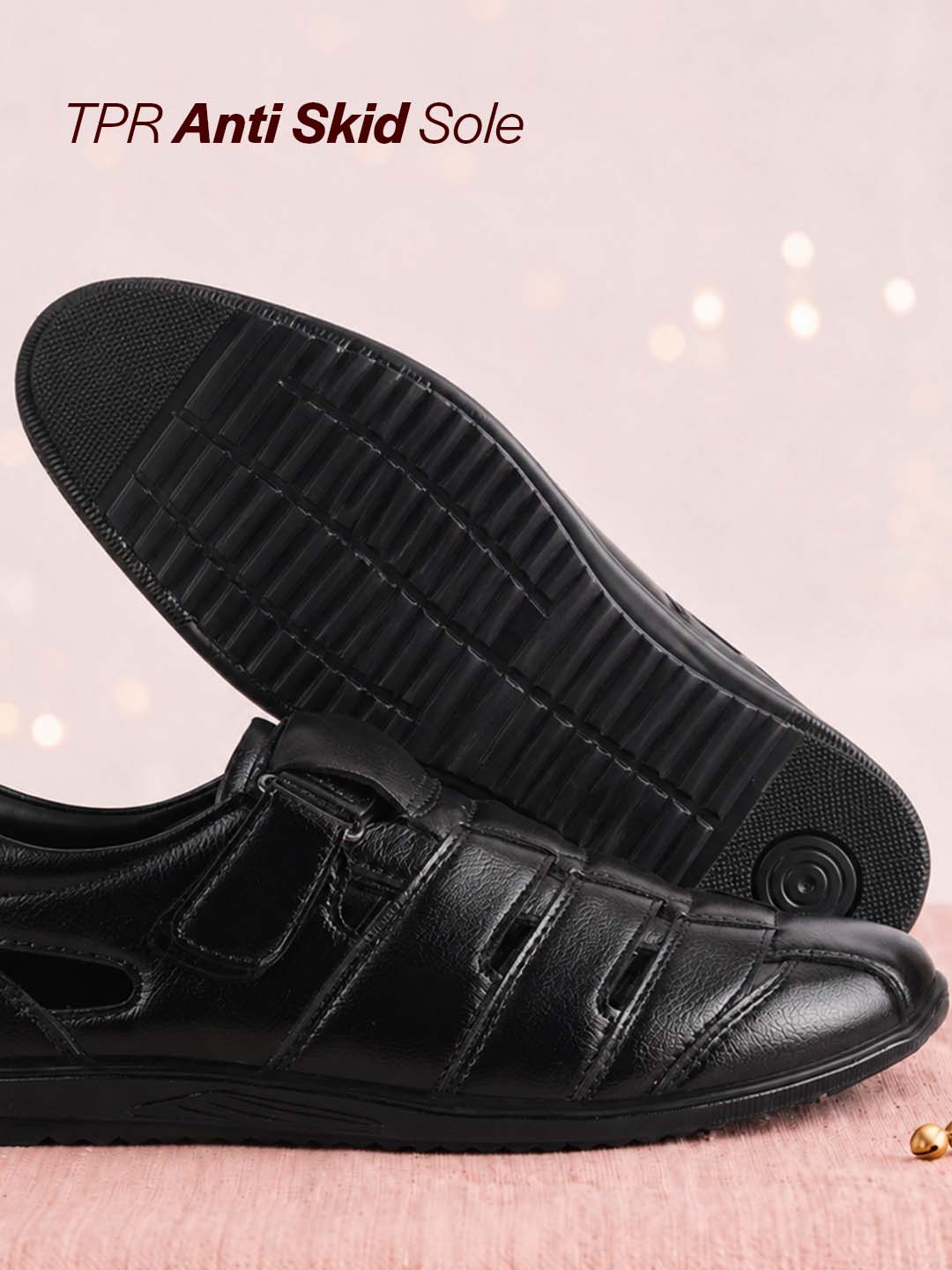 Men Black Peforated Hook and Loop Shoe Style Roman Sandals|Memory Cushioned Insole|All Day Walking Support, Anti Skid Sole|Office, Casual, Kurta, Festive