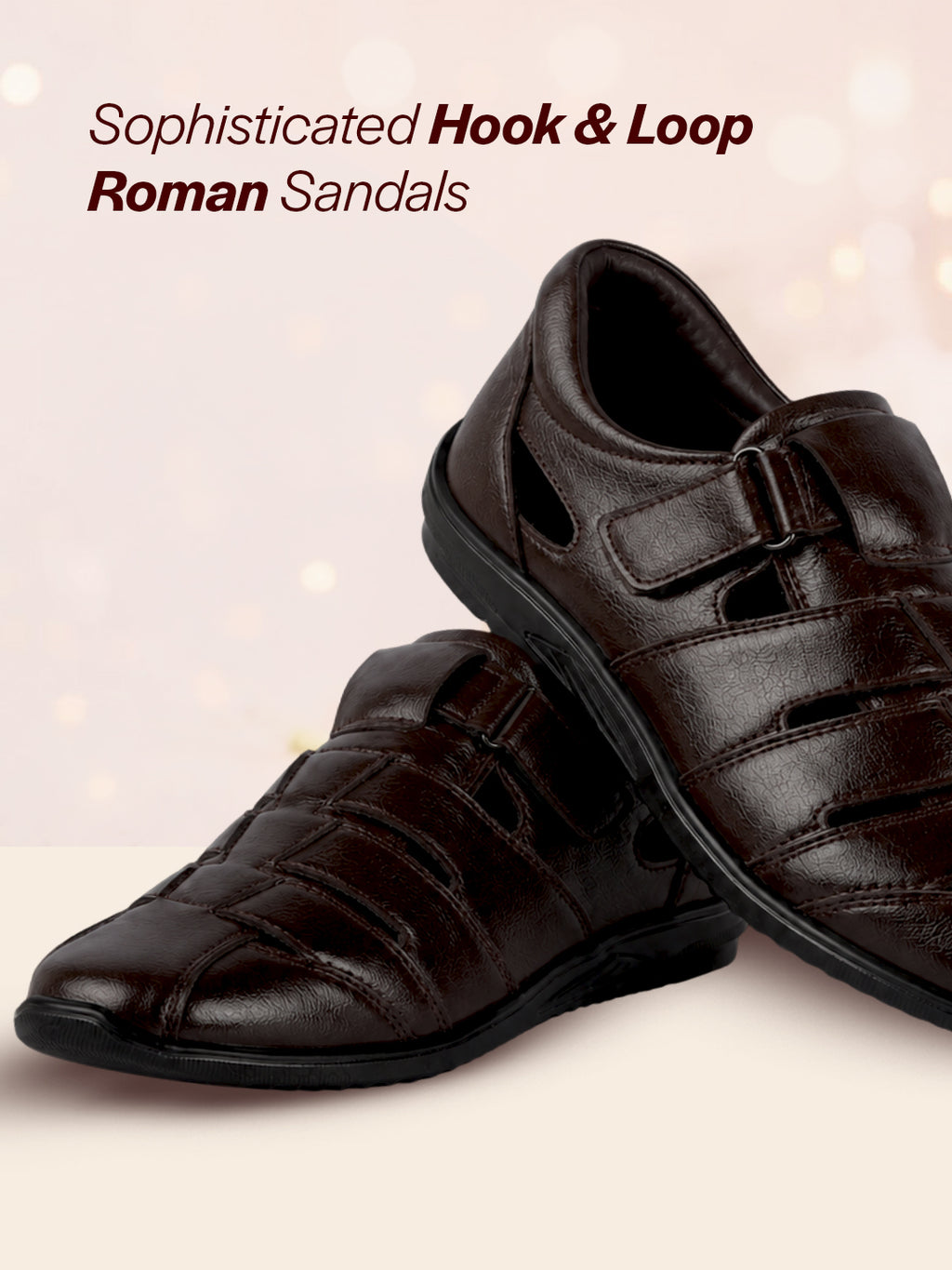 Men Brown Peforated Hook and Loop Shoe Style Roman Sandals|Memory Cushioned Insole|All Day Walking Support, Anti Skid Sole|Office, Casual, Kurta, Festive