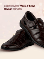Men Brown Peforated Hook and Loop Shoe Style Roman Sandals|Memory Cushioned Insole|All Day Walking Support, Anti Skid Sole|Office, Casual, Kurta, Festive