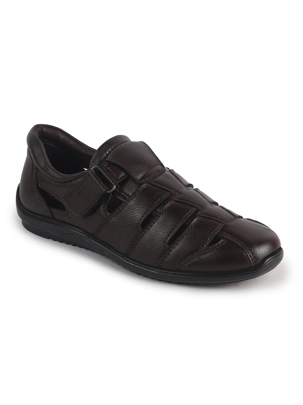 Men Brown Peforated Hook and Loop Shoe Style Roman Sandals|Memory Cushioned Insole|All Day Walking Support, Anti Skid Sole|Office, Casual, Kurta, Festive