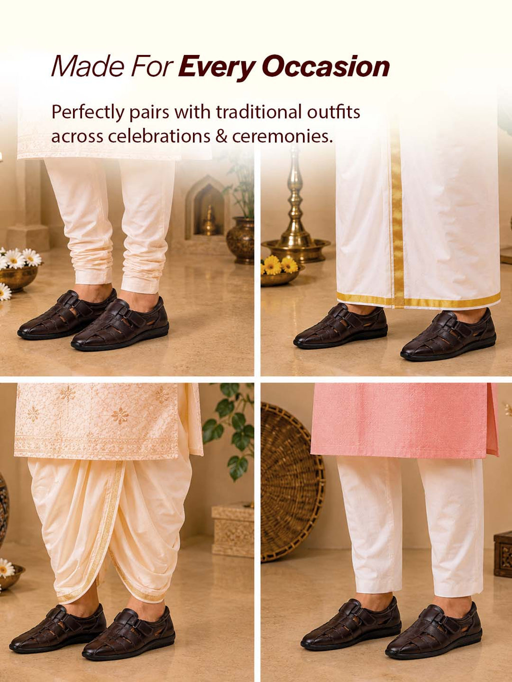 Men Brown Peforated Hook and Loop Shoe Style Roman Sandals|Memory Cushioned Insole|All Day Walking Support, Anti Skid Sole|Office, Casual, Kurta, Festive