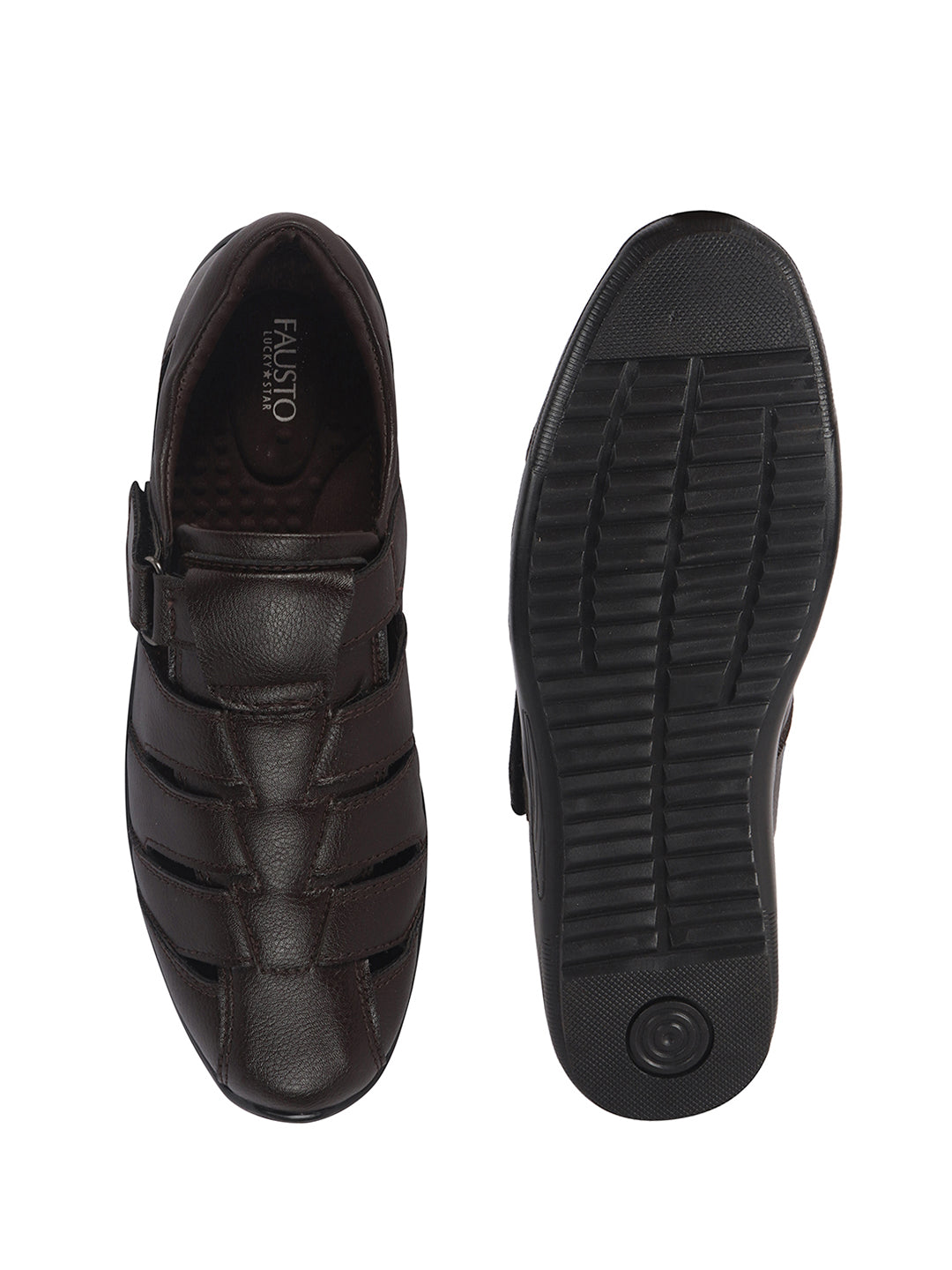Men Brown Peforated Hook and Loop Shoe Style Roman Sandals|Memory Cushioned Insole|All Day Walking Support, Anti Skid Sole|Office, Casual, Kurta, Festive