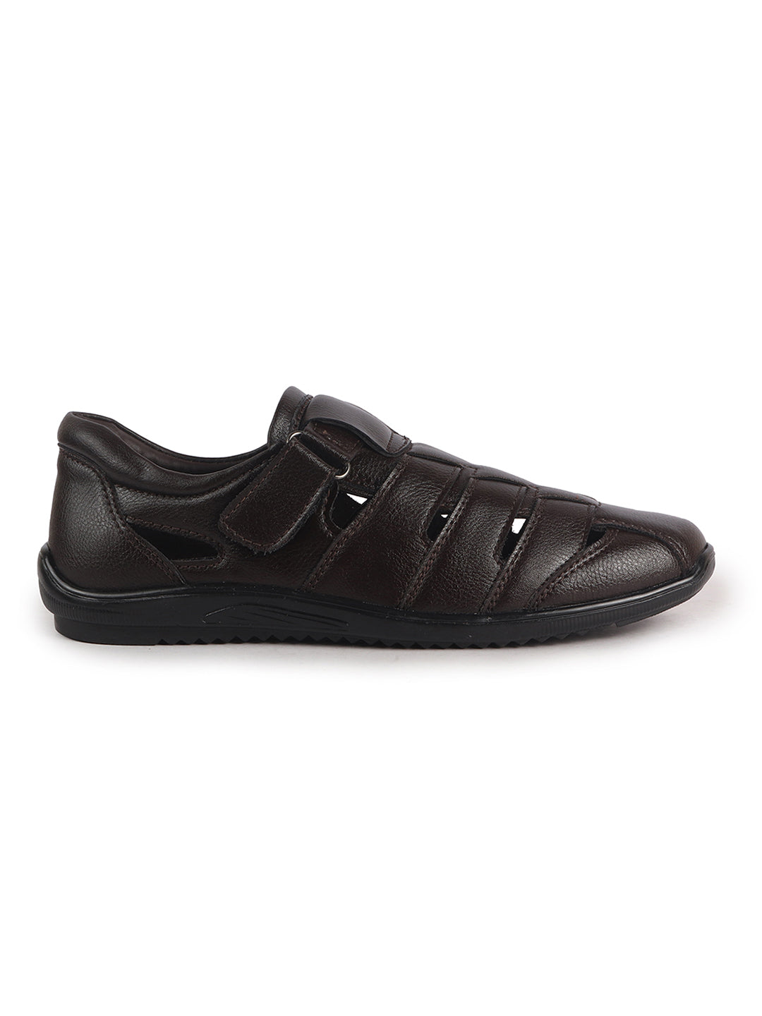 Men Brown Peforated Hook and Loop Shoe Style Roman Sandals|Memory Cushioned Insole|All Day Walking Support, Anti Skid Sole|Office, Casual, Kurta, Festive