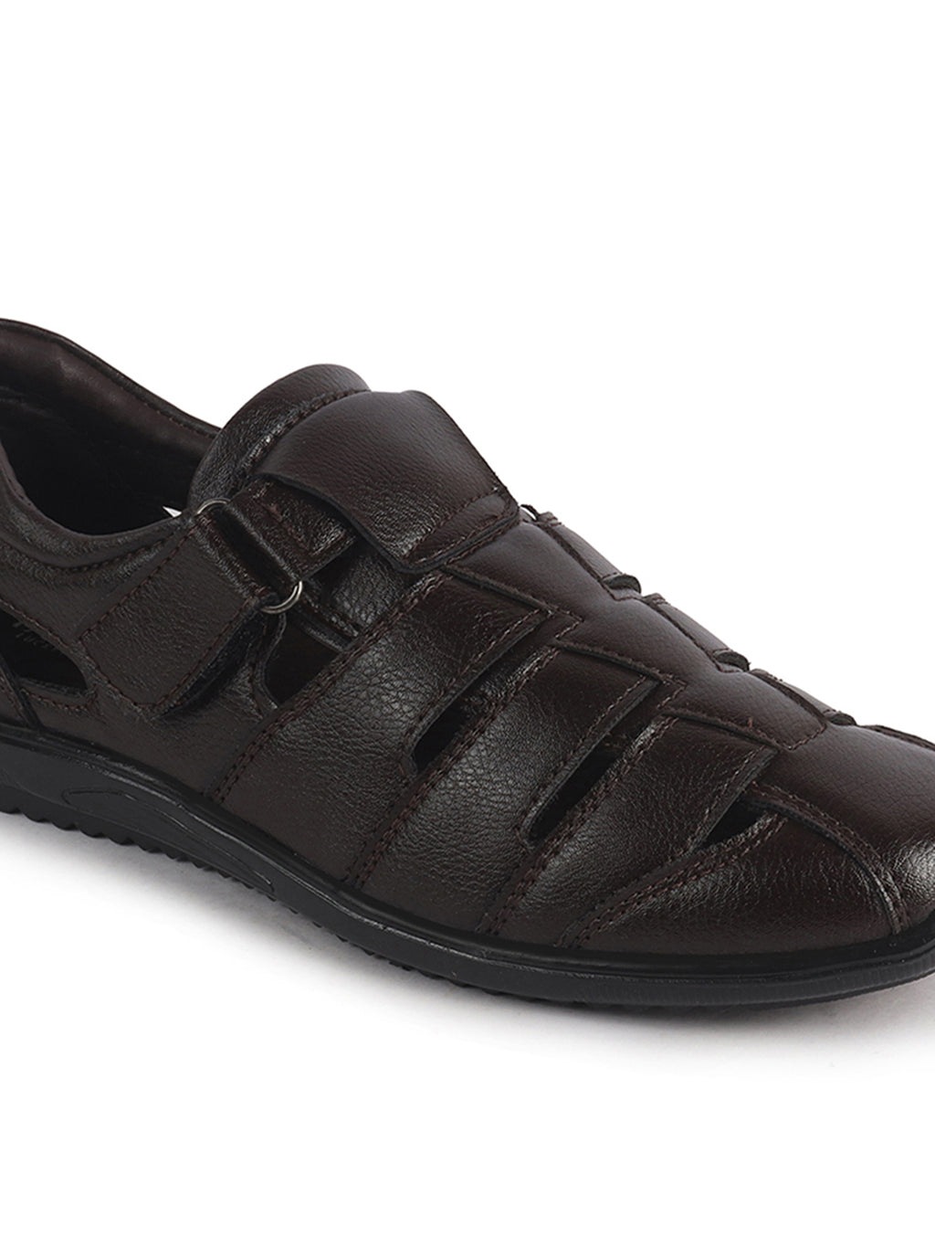 Men Brown Peforated Hook and Loop Shoe Style Roman Sandals|Memory Cushioned Insole|All Day Walking Support, Anti Skid Sole|Office, Casual, Kurta, Festive