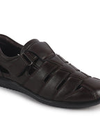 Men Brown Peforated Hook and Loop Shoe Style Roman Sandals|Memory Cushioned Insole|All Day Walking Support, Anti Skid Sole|Office, Casual, Kurta, Festive