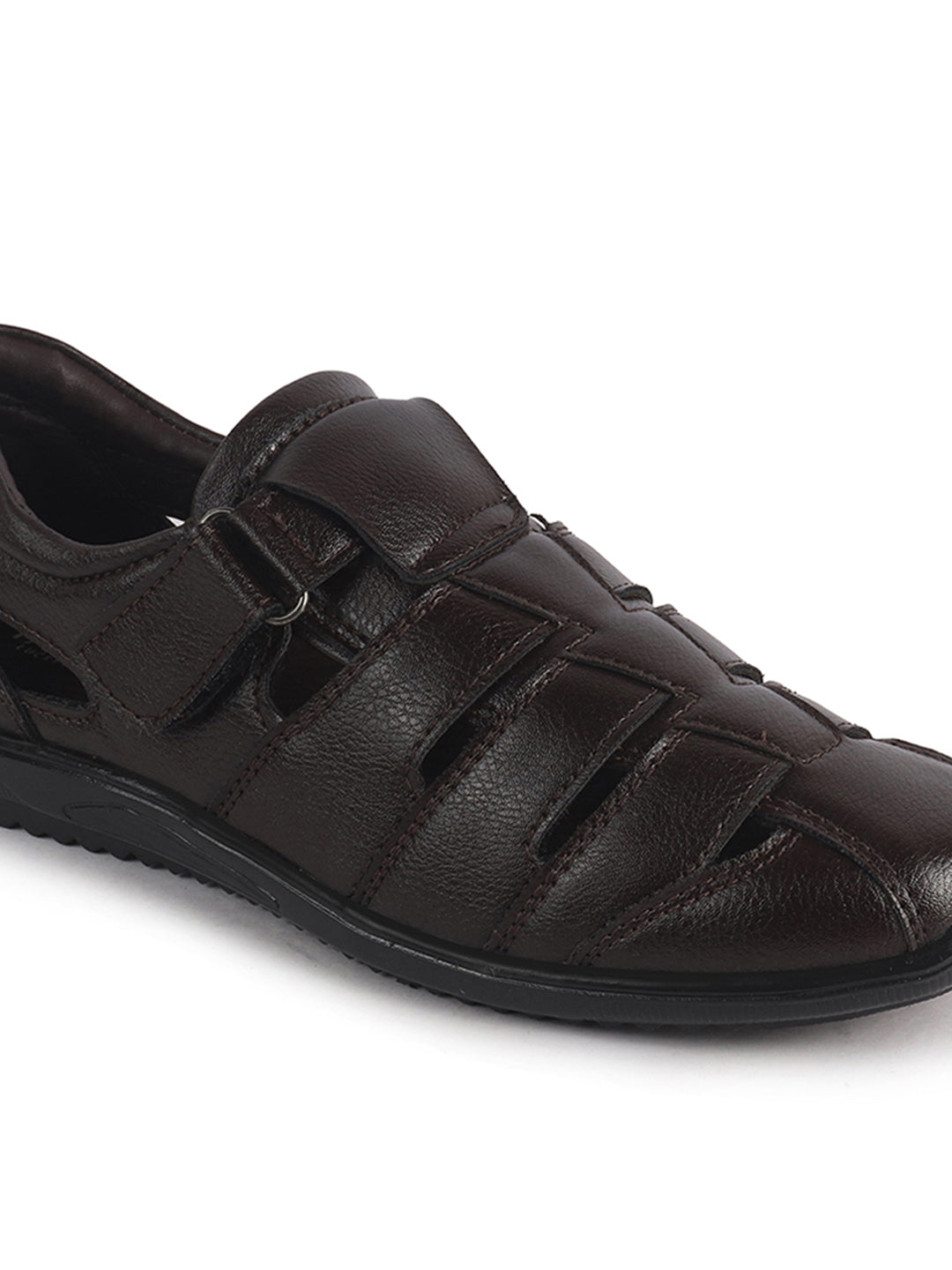 Men Brown Peforated Hook and Loop Shoe Style Roman Sandals|Memory Cushioned Insole|All Day Walking Support, Anti Skid Sole|Office, Casual, Kurta, Festive