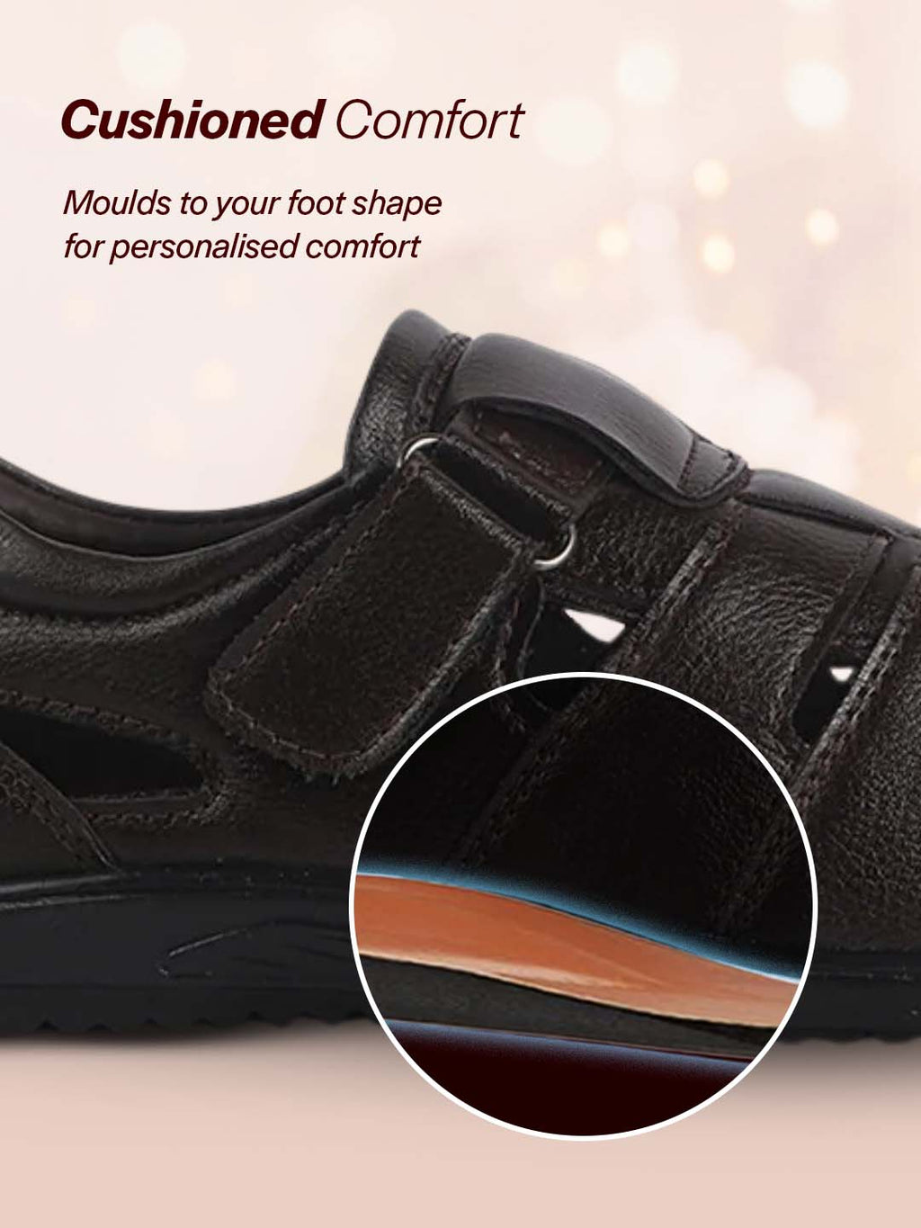 Men Brown Peforated Hook and Loop Shoe Style Roman Sandals|Memory Cushioned Insole|All Day Walking Support, Anti Skid Sole|Office, Casual, Kurta, Festive