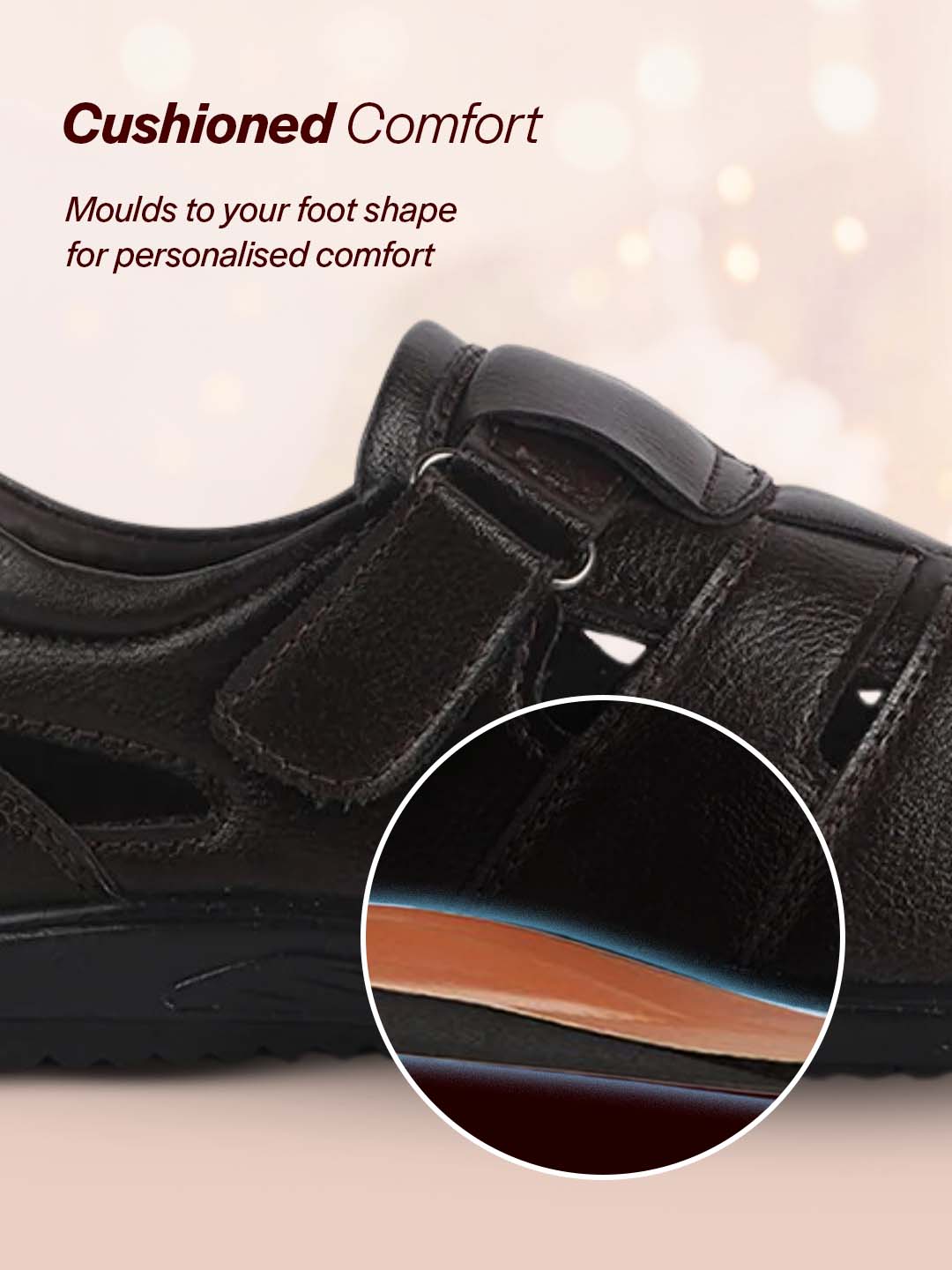 Men Brown Peforated Hook and Loop Shoe Style Roman Sandals|Memory Cushioned Insole|All Day Walking Support, Anti Skid Sole|Office, Casual, Kurta, Festive