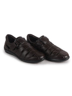 Men Brown Peforated Hook and Loop Shoe Style Roman Sandals|Memory Cushioned Insole|All Day Walking Support, Anti Skid Sole|Office, Casual, Kurta, Festive