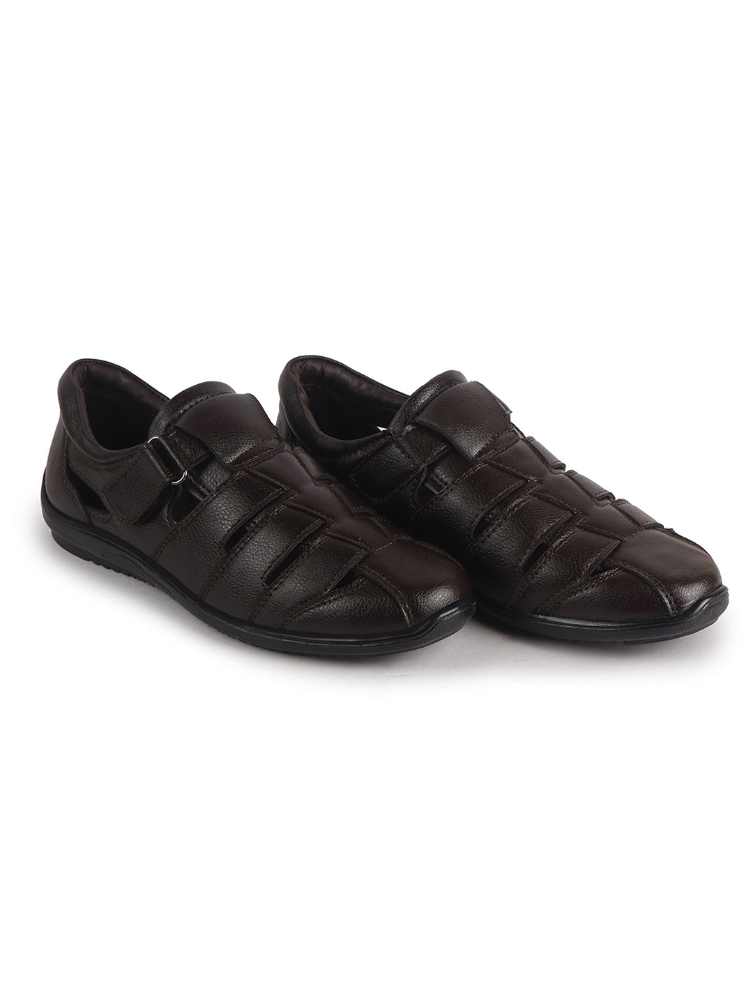 Men Brown Peforated Hook and Loop Shoe Style Roman Sandals|Memory Cushioned Insole|All Day Walking Support, Anti Skid Sole|Office, Casual, Kurta, Festive
