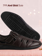 Men Brown Peforated Hook and Loop Shoe Style Roman Sandals|Memory Cushioned Insole|All Day Walking Support, Anti Skid Sole|Office, Casual, Kurta, Festive