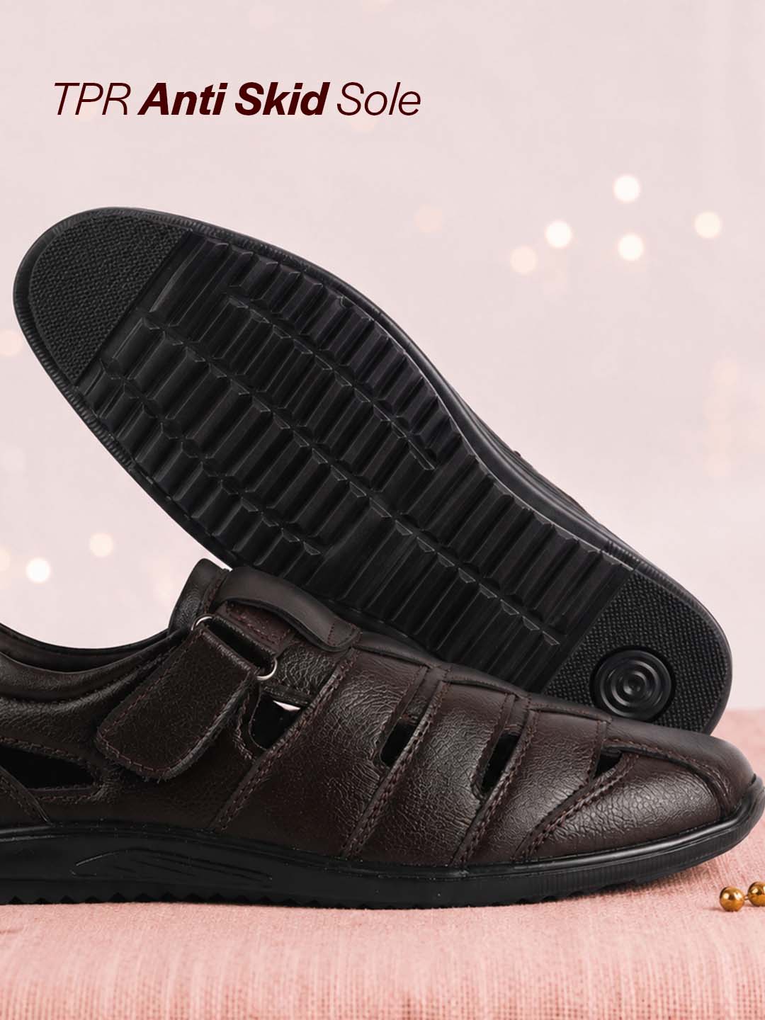 Men Brown Peforated Hook and Loop Shoe Style Roman Sandals|Memory Cushioned Insole|All Day Walking Support, Anti Skid Sole|Office, Casual, Kurta, Festive