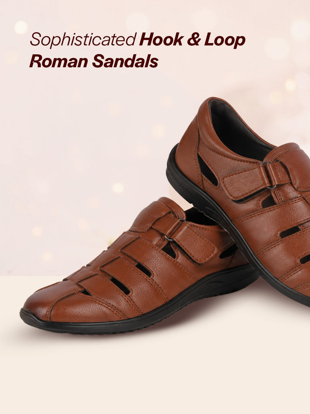Men Tan Peforated Hook and Loop Shoe Style Roman Sandals|Memory Cushioned Insole|All Day Walking Support, Anti Skid Sole|Office, Casual, Kurta, Festive