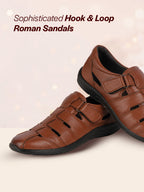 Men Tan Peforated Hook and Loop Shoe Style Roman Sandals|Memory Cushioned Insole|All Day Walking Support, Anti Skid Sole|Office, Casual, Kurta, Festive