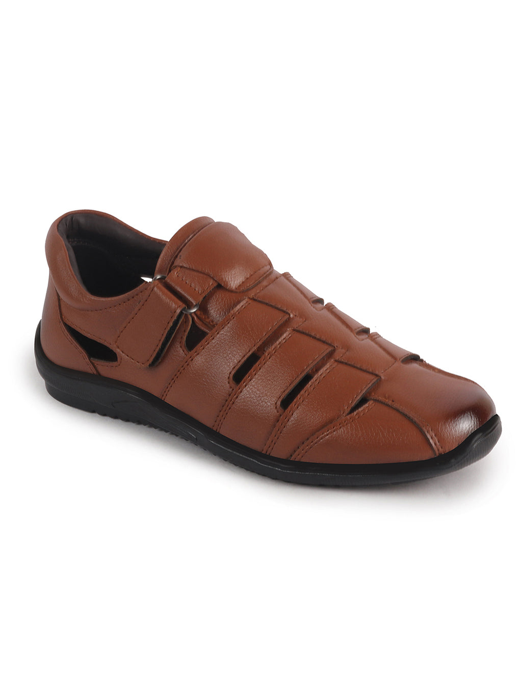 Men Tan Peforated Hook and Loop Shoe Style Roman Sandals|Memory Cushioned Insole|All Day Walking Support, Anti Skid Sole|Office, Casual, Kurta, Festive
