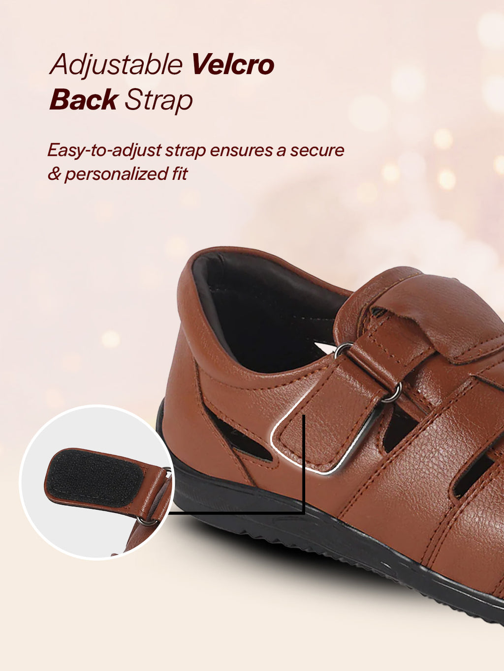 Men Tan Peforated Hook and Loop Shoe Style Roman Sandals|Memory Cushioned Insole|All Day Walking Support, Anti Skid Sole|Office, Casual, Kurta, Festive