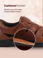 Men Tan Peforated Hook and Loop Shoe Style Roman Sandals|Memory Cushioned Insole|All Day Walking Support, Anti Skid Sole|Office, Casual, Kurta, Festive