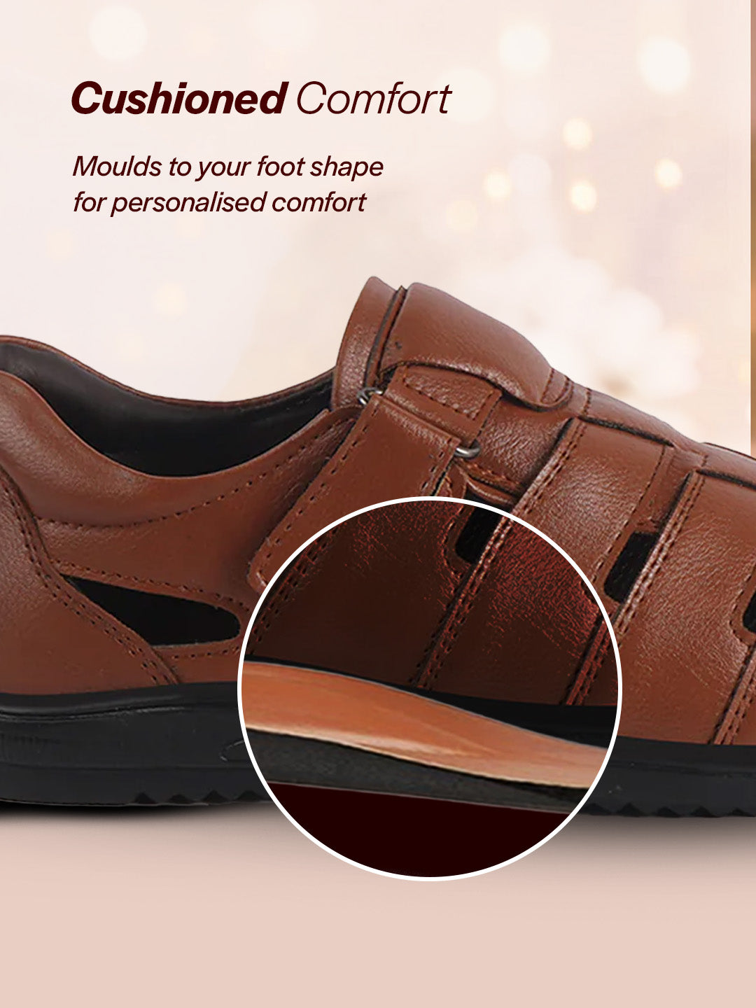 Men Tan Peforated Hook and Loop Shoe Style Roman Sandals|Memory Cushioned Insole|All Day Walking Support, Anti Skid Sole|Office, Casual, Kurta, Festive