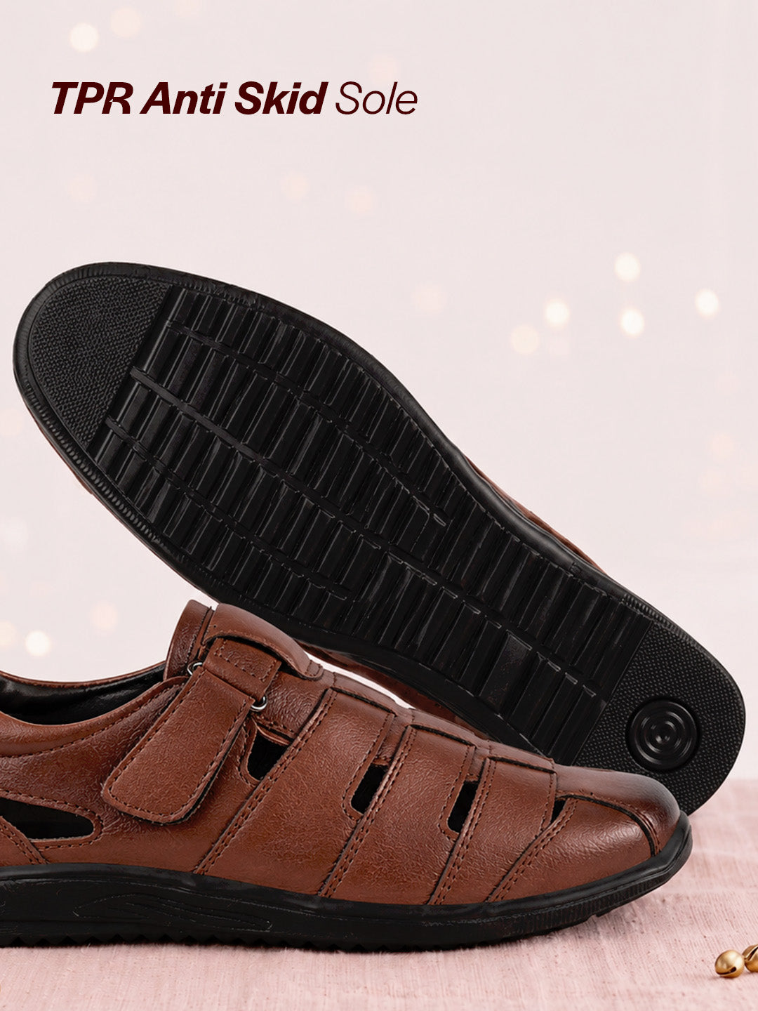 Men Tan Peforated Hook and Loop Shoe Style Roman Sandals|Memory Cushioned Insole|All Day Walking Support, Anti Skid Sole|Office, Casual, Kurta, Festive