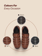 Men Tan Peforated Hook and Loop Shoe Style Roman Sandals|Memory Cushioned Insole|All Day Walking Support, Anti Skid Sole|Office, Casual, Kurta, Festive
