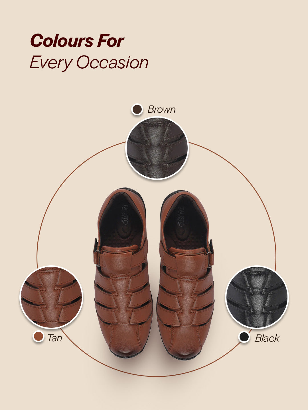 Men Tan Peforated Hook and Loop Shoe Style Roman Sandals|Memory Cushioned Insole|All Day Walking Support, Anti Skid Sole|Office, Casual, Kurta, Festive