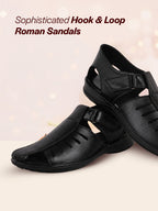 Men Black Peforated Laser Cut Hook and Loop Adjustable Strap Shoe Style Sandals|Perfect for Summer, Office, Kurta, Festive|Lightweight Cushioned Insole