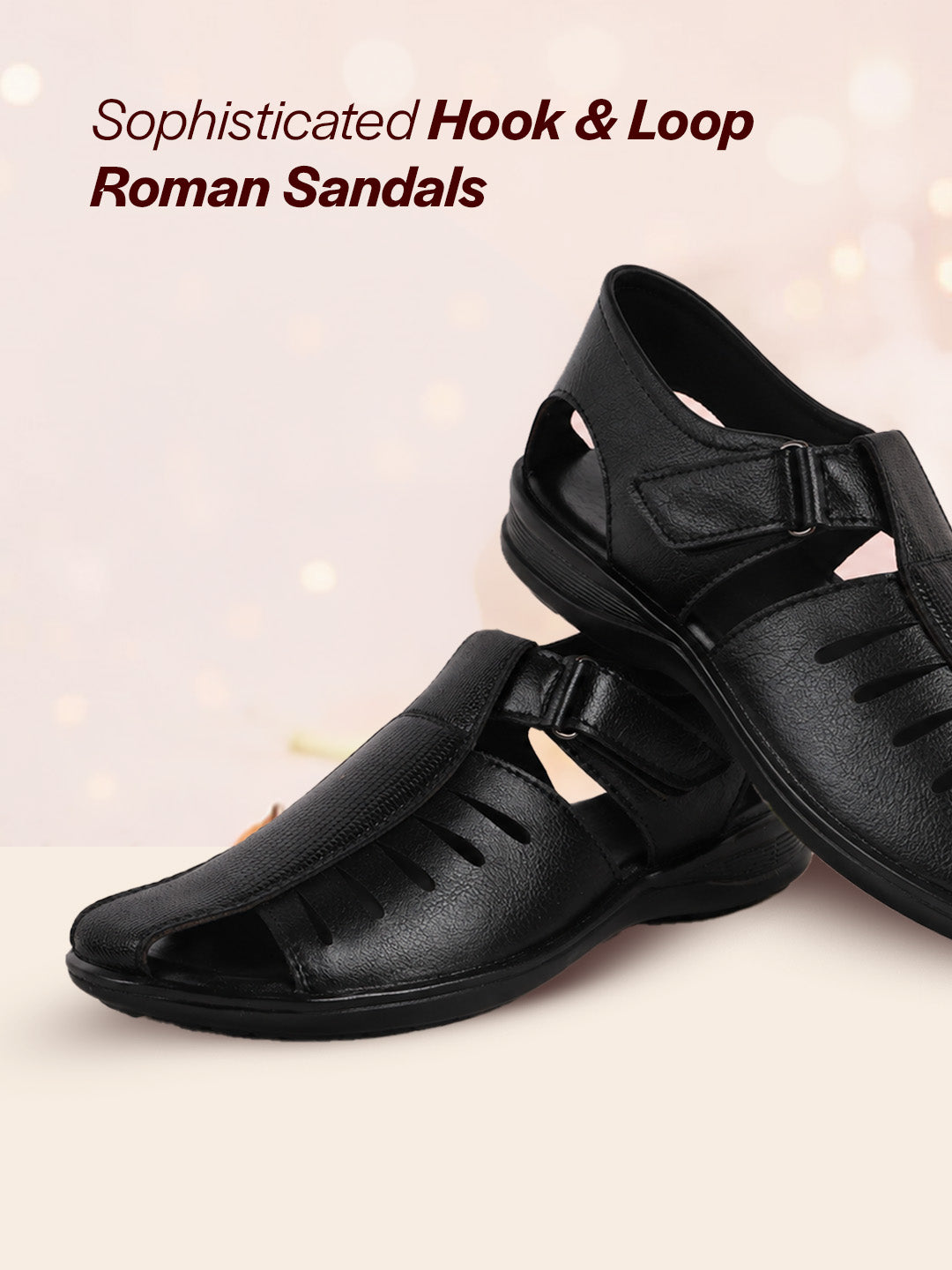 Men Black Peforated Laser Cut Hook and Loop Adjustable Strap Shoe Style Sandals|Perfect for Summer, Office, Kurta, Festive|Lightweight Cushioned Insole