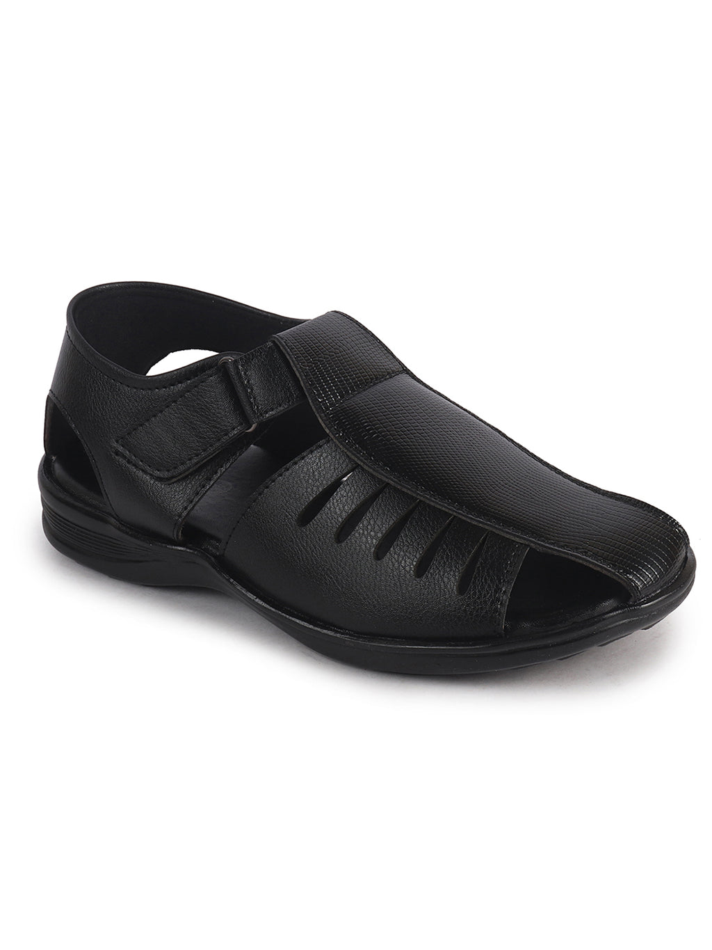 Men Black Peforated Laser Cut Hook and Loop Adjustable Strap Shoe Style Sandals|Perfect for Summer, Office, Kurta, Festive|Lightweight Cushioned Insole