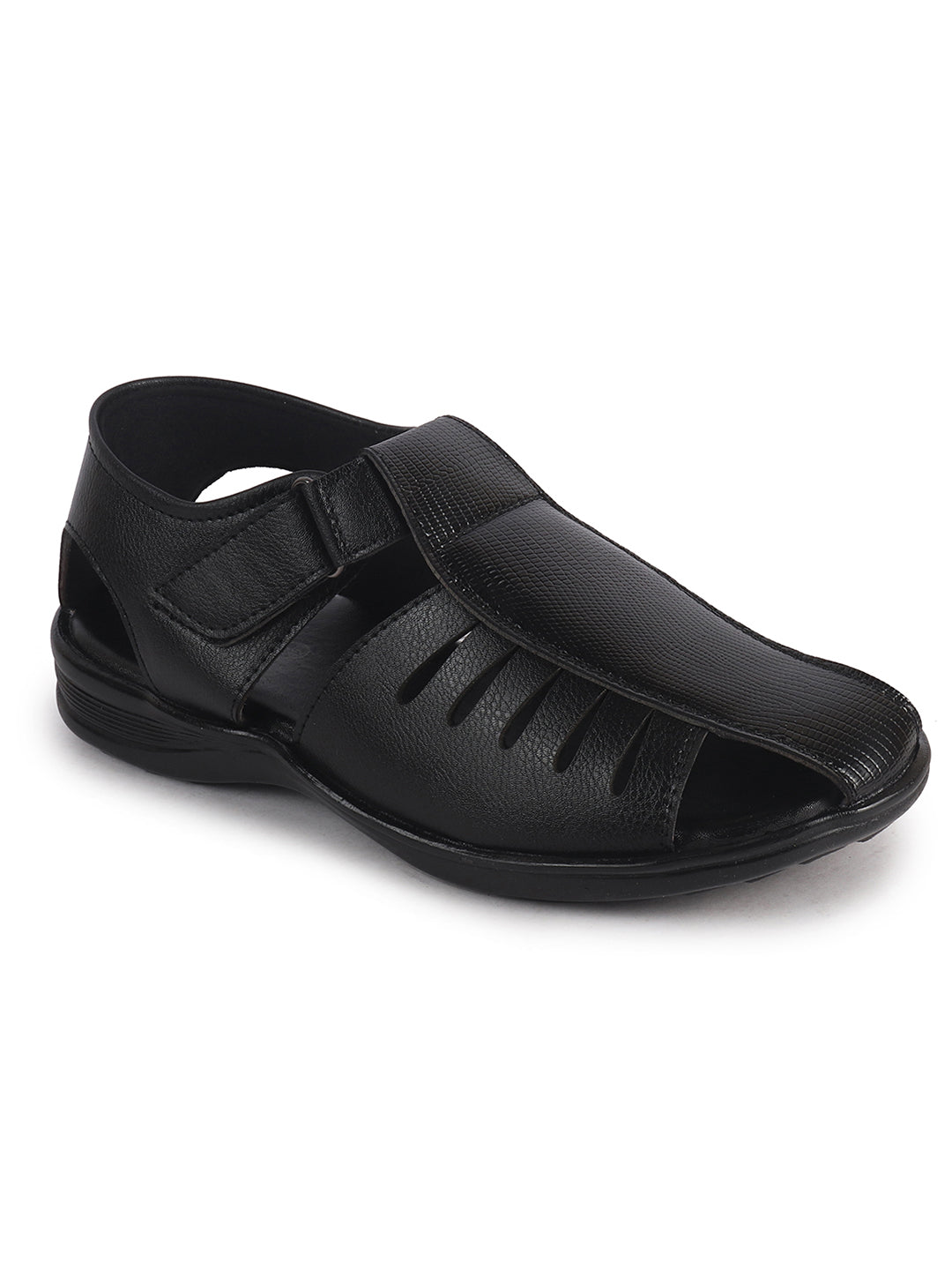 Men Black Peforated Laser Cut Hook and Loop Adjustable Strap Shoe Style Sandals|Perfect for Summer, Office, Kurta, Festive|Lightweight Cushioned Insole