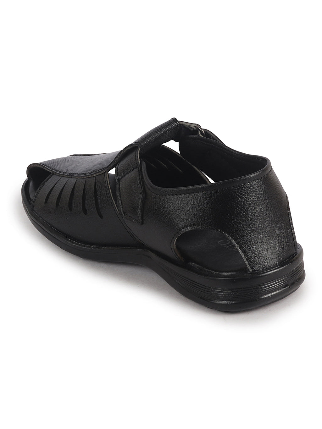 Men Black Peforated Laser Cut Hook and Loop Adjustable Strap Shoe Style Sandals|Perfect for Summer, Office, Kurta, Festive|Lightweight Cushioned Insole