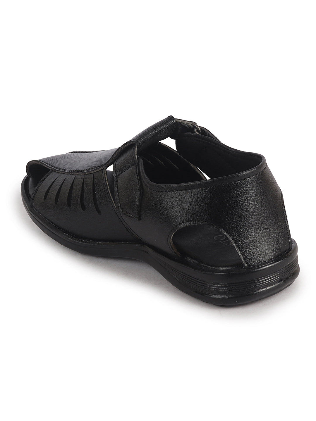Men Black Peforated Laser Cut Hook and Loop Adjustable Strap Shoe Style Sandals|Perfect for Summer, Office, Kurta, Festive|Lightweight Cushioned Insole
