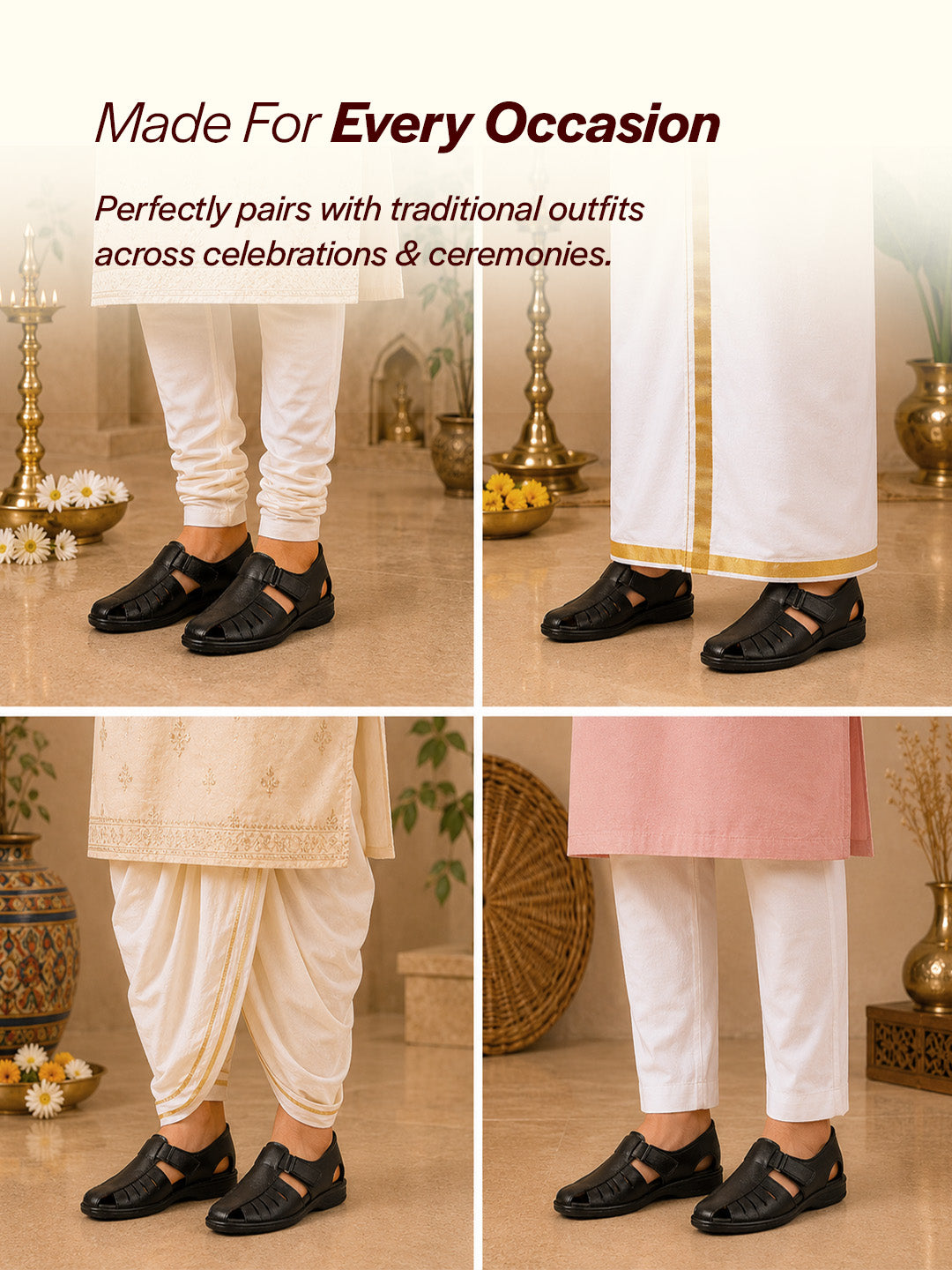 Men Black Peforated Laser Cut Hook and Loop Adjustable Strap Shoe Style Sandals|Perfect for Summer, Office, Kurta, Festive|Lightweight Cushioned Insole