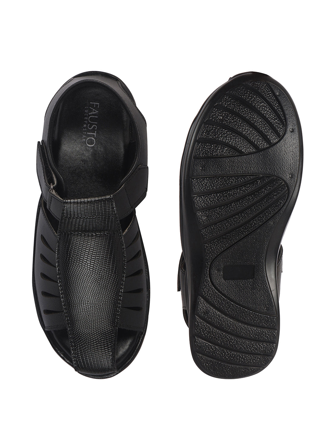 Men Black Peforated Laser Cut Hook and Loop Adjustable Strap Shoe Style Sandals|Perfect for Summer, Office, Kurta, Festive|Lightweight Cushioned Insole