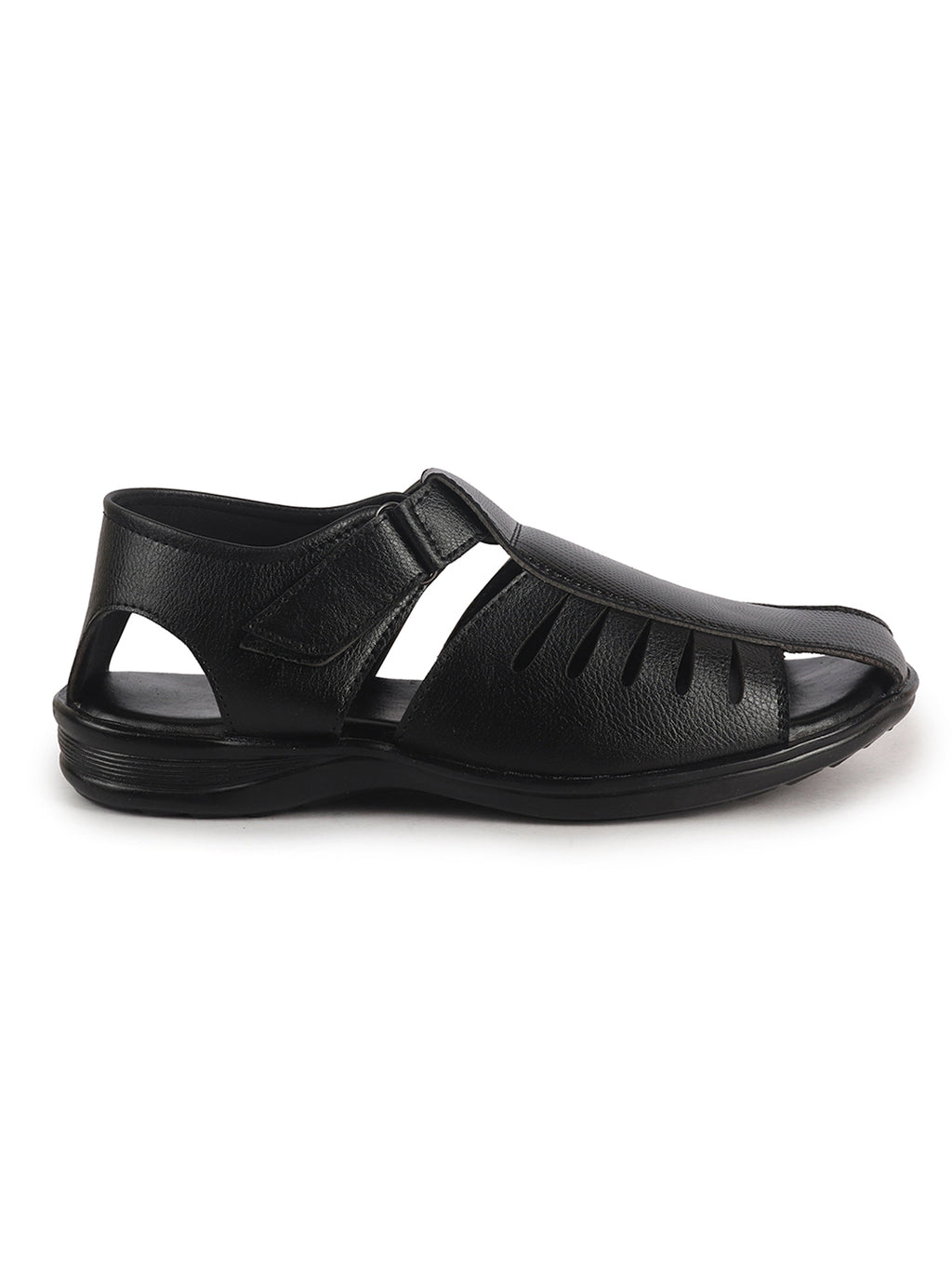 Men Black Peforated Laser Cut Hook and Loop Adjustable Strap Shoe Style Sandals|Perfect for Summer, Office, Kurta, Festive|Lightweight Cushioned Insole