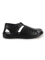 Men Black Peforated Laser Cut Hook and Loop Adjustable Strap Shoe Style Sandals|Perfect for Summer, Office, Kurta, Festive|Lightweight Cushioned Insole
