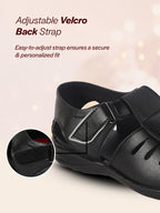 Men Black Peforated Laser Cut Hook and Loop Adjustable Strap Shoe Style Sandals|Perfect for Summer, Office, Kurta, Festive|Lightweight Cushioned Insole
