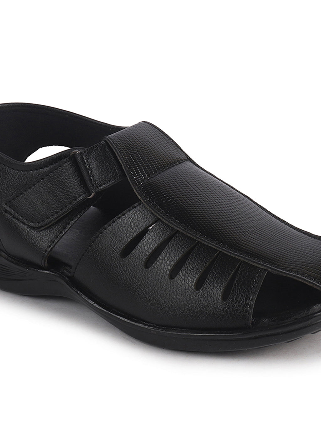 Men Black Peforated Laser Cut Hook and Loop Adjustable Strap Shoe Style Sandals|Perfect for Summer, Office, Kurta, Festive|Lightweight Cushioned Insole