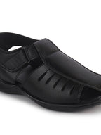 Men Black Peforated Laser Cut Hook and Loop Adjustable Strap Shoe Style Sandals|Perfect for Summer, Office, Kurta, Festive|Lightweight Cushioned Insole