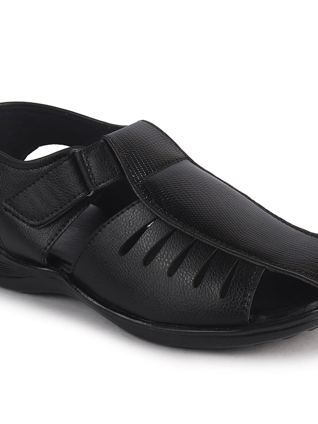 Men Black Peforated Laser Cut Hook and Loop Adjustable Strap Shoe Style Sandals|Perfect for Summer, Office, Kurta, Festive|Lightweight Cushioned Insole