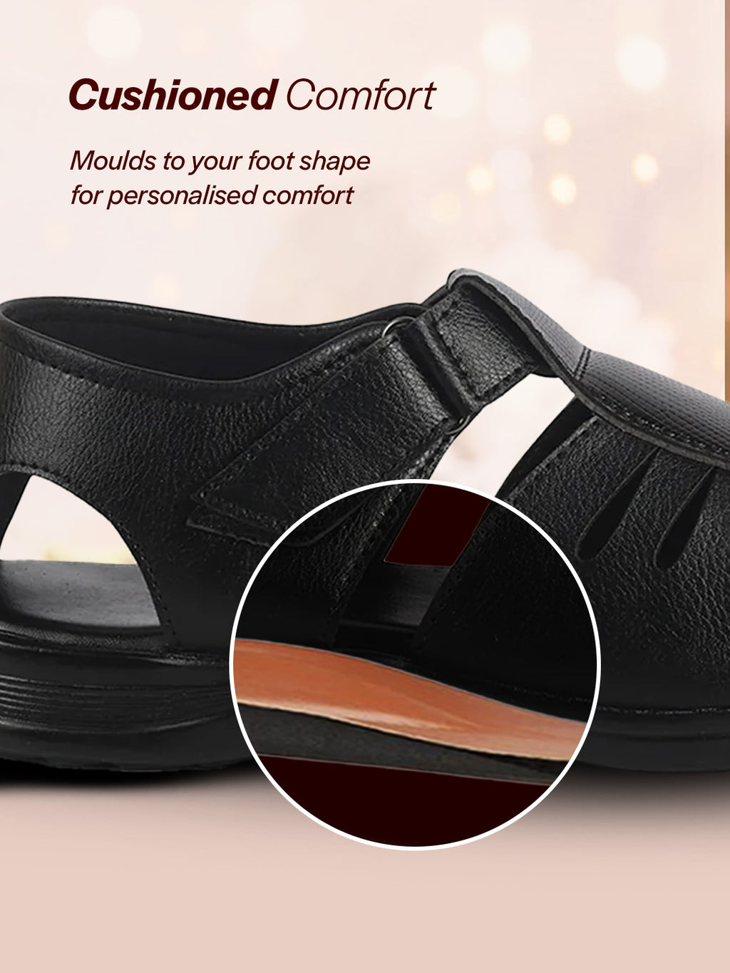 Men Black Peforated Laser Cut Hook and Loop Adjustable Strap Shoe Style Sandals|Perfect for Summer, Office, Kurta, Festive|Lightweight Cushioned Insole