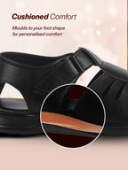 Men Black Peforated Laser Cut Hook and Loop Adjustable Strap Shoe Style Sandals|Perfect for Summer, Office, Kurta, Festive|Lightweight Cushioned Insole