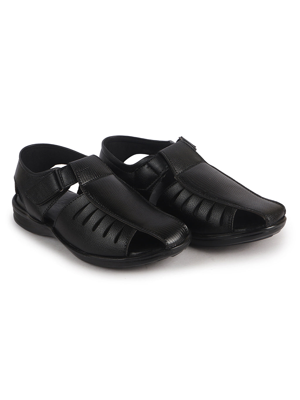 Men Black Peforated Laser Cut Hook and Loop Adjustable Strap Shoe Style Sandals|Perfect for Summer, Office, Kurta, Festive|Lightweight Cushioned Insole