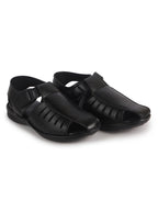 Men Black Peforated Laser Cut Hook and Loop Adjustable Strap Shoe Style Sandals|Perfect for Summer, Office, Kurta, Festive|Lightweight Cushioned Insole
