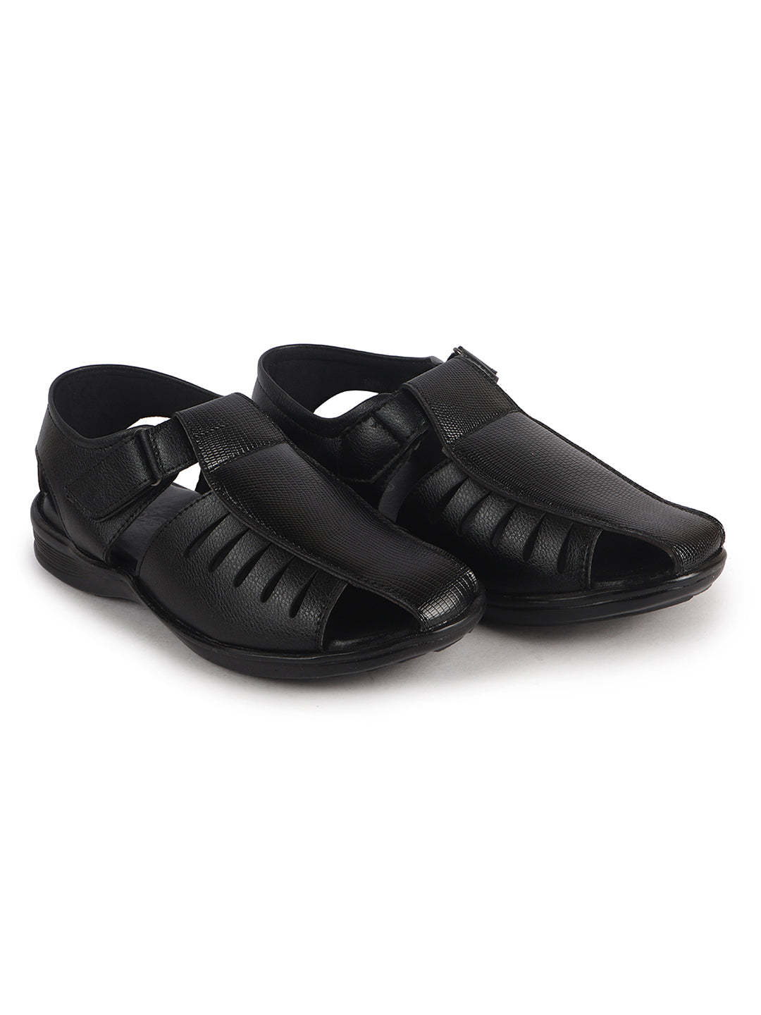 Men Black Peforated Laser Cut Hook and Loop Adjustable Strap Shoe Style Sandals|Perfect for Summer, Office, Kurta, Festive|Lightweight Cushioned Insole