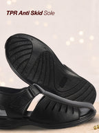 Men Black Peforated Laser Cut Hook and Loop Adjustable Strap Shoe Style Sandals|Perfect for Summer, Office, Kurta, Festive|Lightweight Cushioned Insole